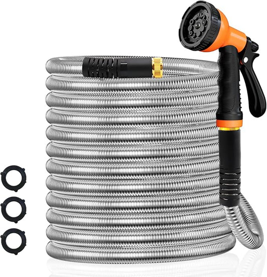 Besiter Garden Hose 75FT Stainless Steel Water Hose with 10 Functions Adjustable Spray Nozzle, Heavy-Duty Metal Garden Hose Flexible Durable No-Tangle & Kink Leak Dog Proof Hose for Yard Lawn(Orange)