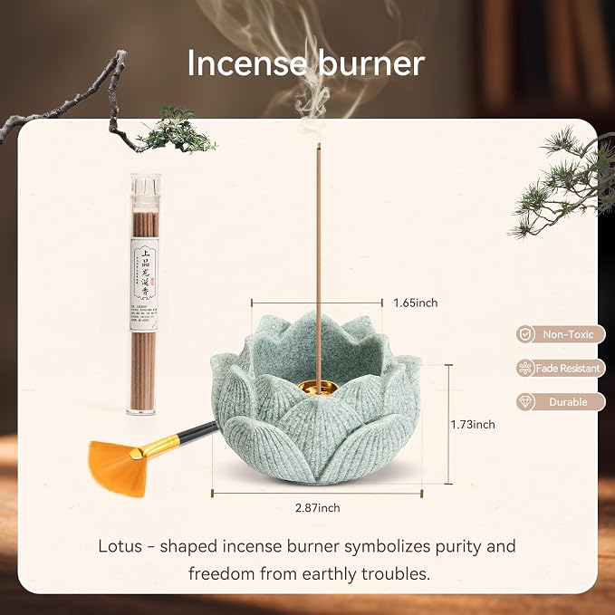 Laughing Buddha Statue Zen Set 4 Pcs with Wood Base, Lotus Incense Burner, Copper Incense Holder, Incense Sticks & Cleaning Brush All in One Feng Shui Decor for Home, Meditation, Desk & Spiritual Gift