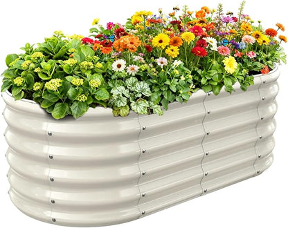 17" Tall Oval-Shaped / Elliptic Metal Raised Garden Bed Outdoor Cream White | 48X24X17 Inch,1.5 FT Tall,0.8MM Thick Galvanized Metal Painted,for Variety of Flowers,Herbs,Vegetables.with Gloves,Tool free