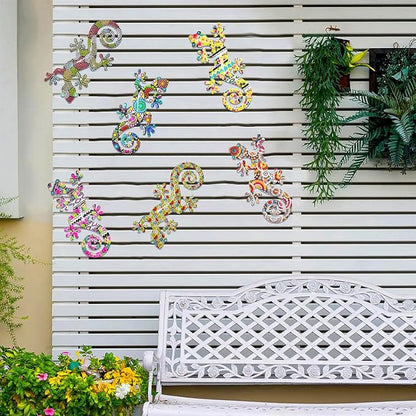 Akulgaci 6 Pack Metal Gecko Wall Art, 8" Colorful Lizard Garden Decorations for Fence Patio Tree Porch, Outdoor Yard Art Wall Hanging Decor, Boho Tropical Mexican Talavera Style