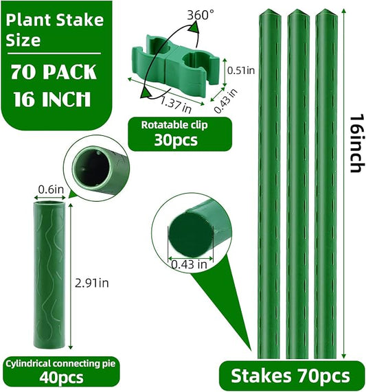 Fabulas Garden Stakes 16 Inch 70 Pack, Diy 4ft 5ft 6ft 7ft 8ft Tomato Stakes Plastic Coated Metal Plant Sticks Stakes Supports with 40 Connectors 30 Rotatable Clips for Indoor Outdoor Plants Vegetable