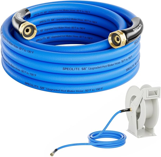 SPECILITE Female to Female Hot/Cold Garden Water Hose 20 ft x 5/8 Inch for Hose Reel, -50℉ To 190℉, Heavy Duty, Flexible, Burst 605 Psi, Rubber Extension Pipe with 3/4" Brass Fittings