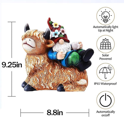 Pohabery Garden Gnomes Decor Outdoor Statues Gnome on Highland Cow Hold Solar Cup Light Outdoor Decorations for Patio,Yard and Gift for Mom（L