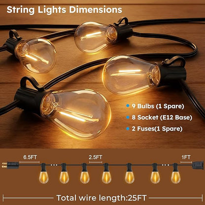 GvvooHome LED Outdoor String Lights, 25FT Waterproof Patio Lights with 9 Shatterproof S11 Plastic Bulbs, 2700K Warm White Edison Hanging Lights for Backyard, Garden, Porch, Bistro