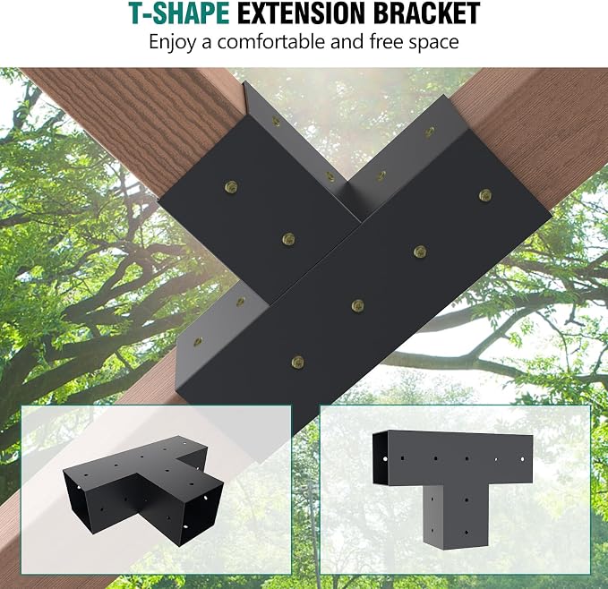 2 Pack Pergola Bracket Kit T-Shape Elevated Wood Stand Kit T Brackets with Post Base for 4x4'' (Actual 3.5x3.5'') Wooden Beams Lumber Gazebos Patio Pergola Sheds 4 Pc