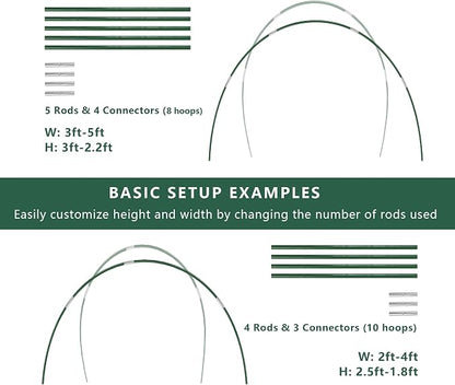 Garden Hoops Kit for Raised Beds, Plant Cover Support Hoops | Row Cover Hoops for Garden Netting, Frost Cloth, DIY Greenhouse Hoops with 40pcs Rods, Connectors, Ground Stakes and Clips