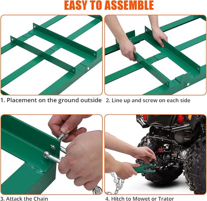 Towallmark 48”Lawn Leveling Rake & Driveway Drag Harrow - Heavy-Duty Tow-Behind Tool with 4FT Reinforced Chain - for ATV, UTV, Tractor, Mower - Gravel, Soil, Yard & Landscape Grading