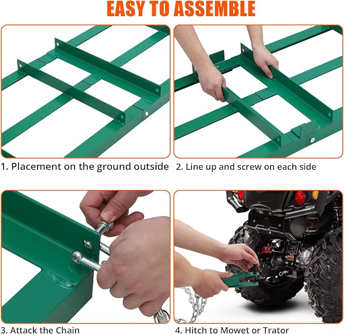 Towallmark 72”Lawn Leveling Rake & Driveway Drag Harrow - Heavy-Duty Tow - Behind Tool with 4FT Reinforced Chain - for ATV, UTV, Tractor, Mower - Gravel, Soil, Yard & Landscape Grading