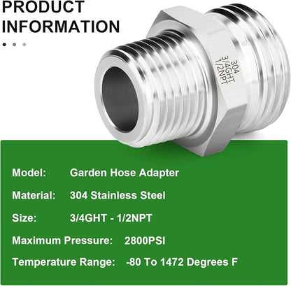 TAISHER 1PCS 304 Stainless Steel Garden Hose Adapter, 3/4" GHT Male x 1/2" NPT Male Garden Hose Connector with Washers