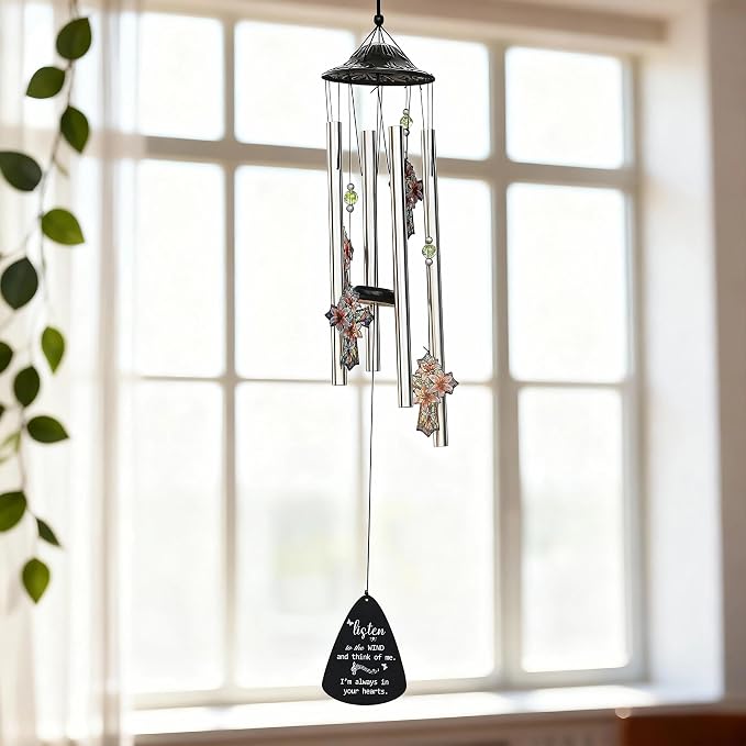 YU FENG Cross Memorial Wind Chime, Lily Flower Crystal Suncatcher | 34 Inch Outdoor Metal Chime, Religious Sympathy Gift, Remembrance Decor For Loss Of Loved One, Garden Patio Hanging