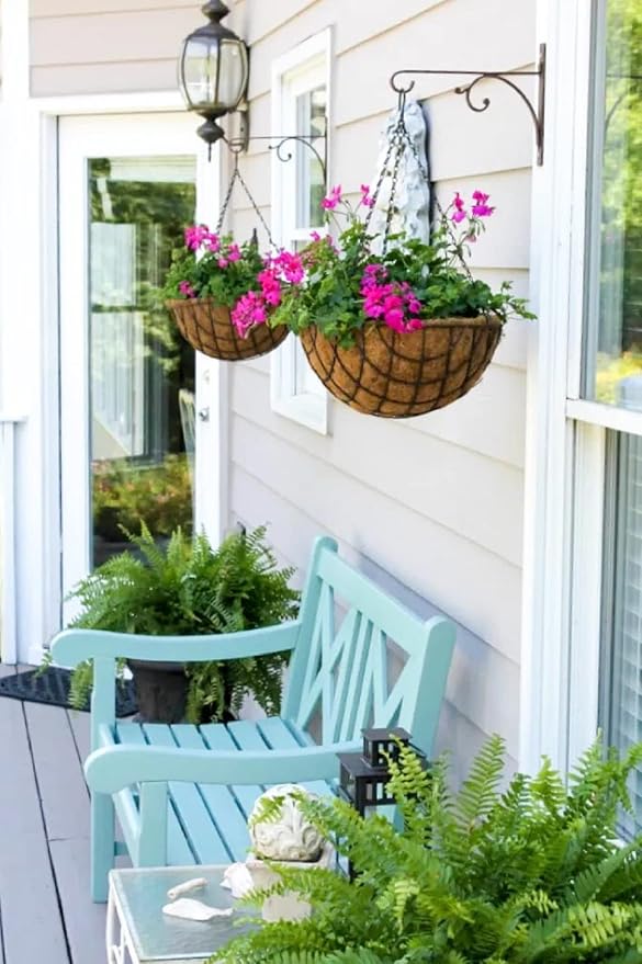 Kingbuy 12 Inch Metal Hanging Planter Basket 2 Pack - with Coconut Fiber Liners, Rustproof 3-Chain System, Quick Drainage for Indoor/Outdoor Window Balcony Patio, Weather-Resistant Coating