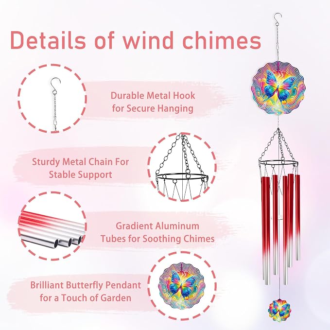 Butterfly Wind Chimes for Outside with Wind Spinner, Summer Garden Patio Yard Porch Decor, Colorful Butterfly Wind Chime with Gift Box, Birthday Gifts for Women Mom Grandma Nana