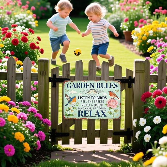 Garden Rules Metal Tin,Relaxing Outdoor Sign | Funny Wall Art for Outdoor Garden Porch Patio Yard Backyard Wall Decor,Gardening Gifts for Women