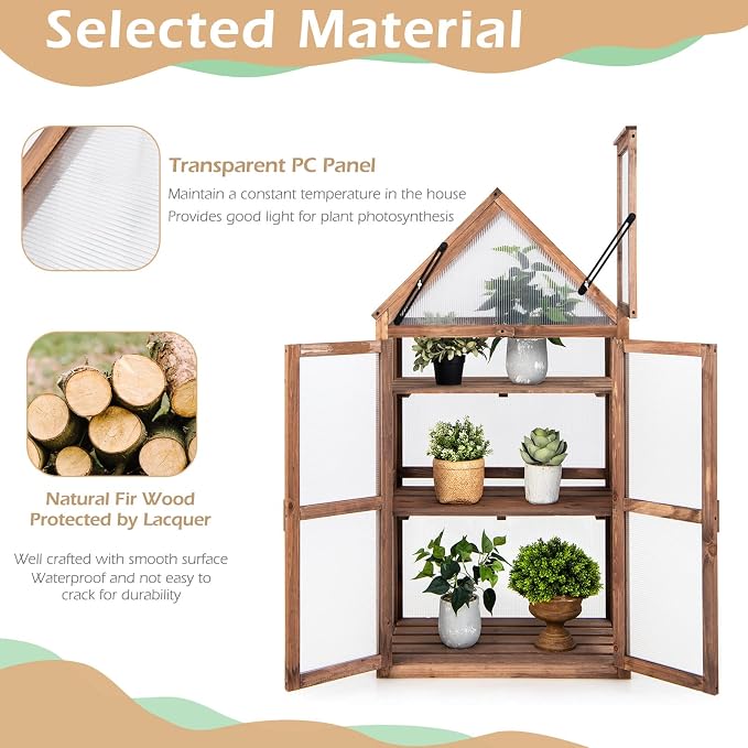 GRAFFY Wooden Cold Frame Greenhouse, Portable Raised Flower Planter Shelf with 3 Removable shelves and Transparent Flip-Top Roof, Mini Greenhouse Cabinet for Outdoor Indoor Use(27" L x 16" W x 58" H )