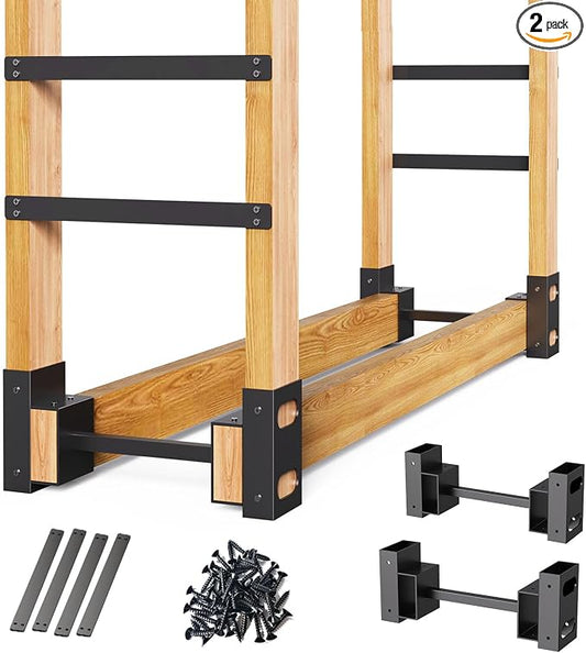 Eibikdi Firewood Rack Outdoor, Adjustable Length Wood Storage Brackets Kit, Log Stacking Stand Holder for Outdoor Indoor Fireplace, Wood Burning Fire Pits, Black, Set of 2