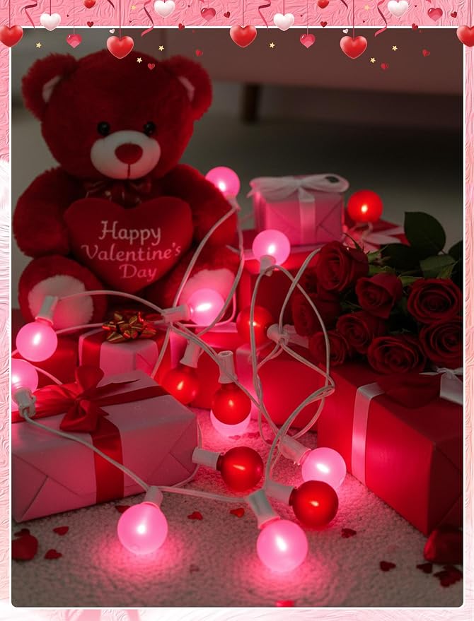 LED Valentine’s Day String Lights, 25Ft Valentines Decorations Outdoor | 25+2 G40 Round Bulbs, Connectable, Shatterproof Hanging Indoor Fairy Lights for Wedding Date Patio, Frosted Red Pink