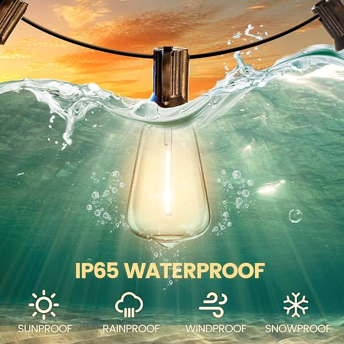 10FT Outdoor String Lights - LED Waterproof Patio Lights with Shatterproof ST38 Edison Plastic Bulb, Connectable Hanging Lighting for Outside Indoor Backyard Yard Gazebo Porch Party Decor - SOLROS