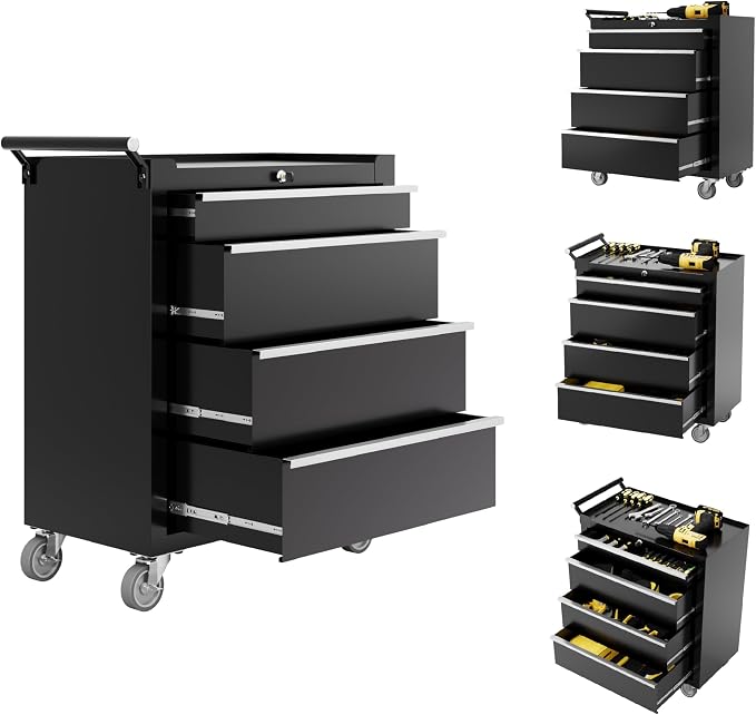 Rolling Tool Chest, 4-Drawer Tool Storage Cabinet, Tool Box with Wheels, Lock System and Drawer Liners, Tool Cart for Warehouse, Workshop and Repair Shop, Black