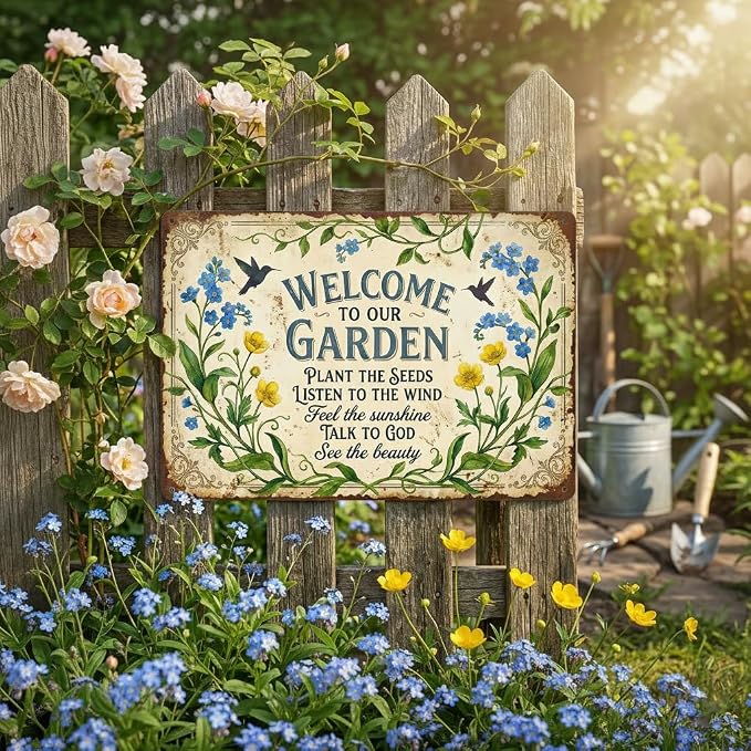 Garden Decor Sign Welcome to Our Garden Floral Wall Art | Garden Lovers • Yard Patio Display • Garden Theme • Vintage Botanical Style • UV Printed • 8x12 Inch