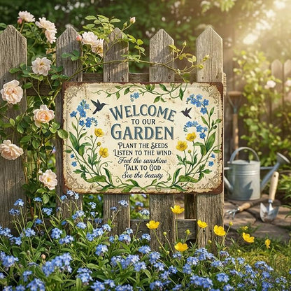 Garden Decor Sign Welcome to Our Garden Floral Wall Art | Garden Lovers • Yard Patio Display • Garden Theme • Vintage Botanical Style • UV Printed • 8x12 Inch