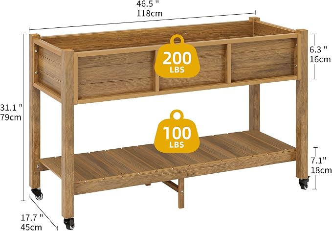 DWVO 47x18x31in Raised Garden Bed Outdoor HDPE with Legs and Lockable Wheels, Weather-Resistant Poly-Wood Elevated Planter Box, Herb Garden Bed for Backyard Patio Balcony, Brown
