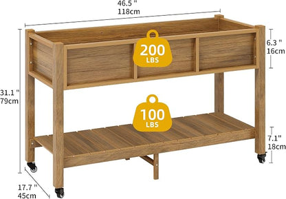 DWVO 47x18x31in Raised Garden Bed Outdoor HDPE with Legs and Lockable Wheels, Weather-Resistant Poly-Wood Elevated Planter Box, Herb Garden Bed for Backyard Patio Balcony, Brown