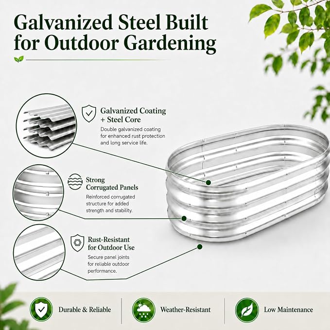 HOOPLE 2 Pack Raised Garden Bed 4x2x1FT, Galvanized Metal Raised Garden Bed Outdoor, Oval Design with Open Base for Better Drainage, Compact Garden Bed for Vegetables, Herbs & Flowers