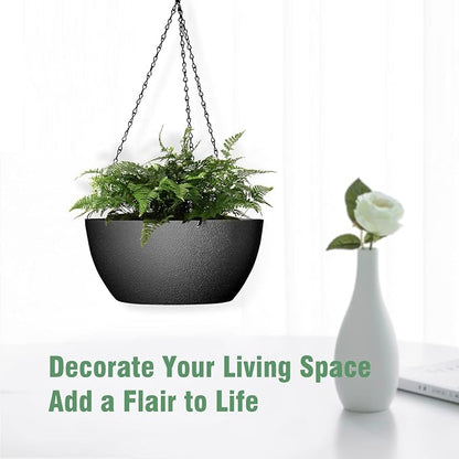 WSMKSZ 13 inch Large Hanging Planters Plant Pots for Outdoor Indoor Plants with Drainage Holes and Chain, 2 Pack Round Hanging Flower Pots for Garden Home Porch Decor, Black