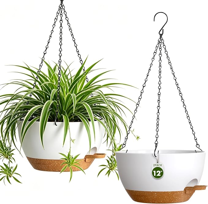12 Inch Large Self Watering Hanging Planters 2 Pack with Saucers | Set of 2 12-inch self-watering hanging planters with extra soil capacity, side-fill ports, chain hangers & snap-on saucers