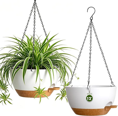 12 Inch Large Self Watering Hanging Planters 2 Pack with Saucers | Set of 2 12-inch self-watering hanging planters with extra soil capacity, side-fill ports, chain hangers & snap-on saucers
