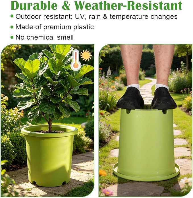 4-Pack 16 inch Large Deep Planters for Outdoor Plants -Light Green Plastic Plant Pots with Drainage Holes & Elevated Base for Root Aeration, 10-Gallon Heavy-Duty Garden Flower Pots, 16"W× 15"H