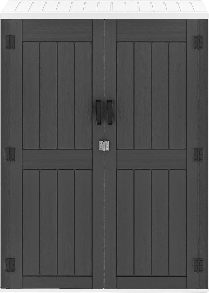 DWVO 59 Cu. Ft. Vertical Storage Shed, Weatherproof Outdoor Tall Cabinet with Double-Wall Panels and Floor, Lockable Resin Shed for Garden, Garage, Patio, Dark Gray (Shelves Not Included)
