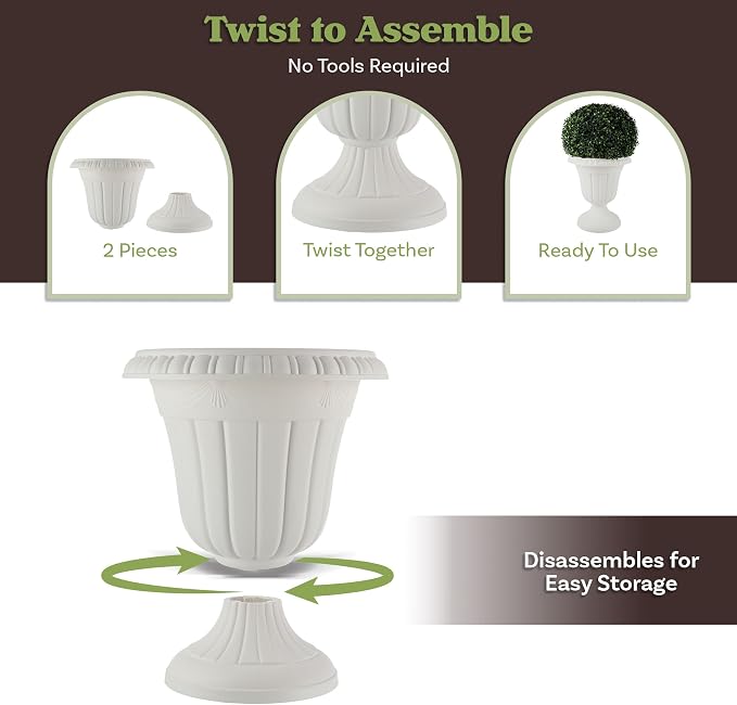 Outdoor Planter 2-Pack - 16x18-Inch Urn Planters - Plastic Plant Pots for Indoor, Outdoor, or Front Porch Decor - Flower Pots by Pure Garden (White)