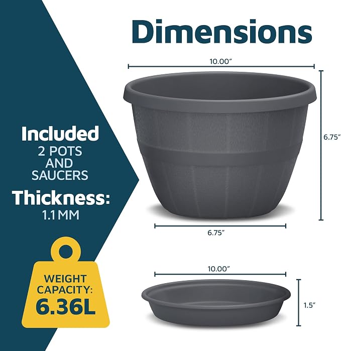 10-Inch Whiskey Barrel Planters Outdoor Pack of 2 - Durable Plastic Plant Pots for Indoor & Outdoor Use with Drainage & Saucer, Lightweight Rustic Barrel Planters for Flowers, Herbs & Small Plants