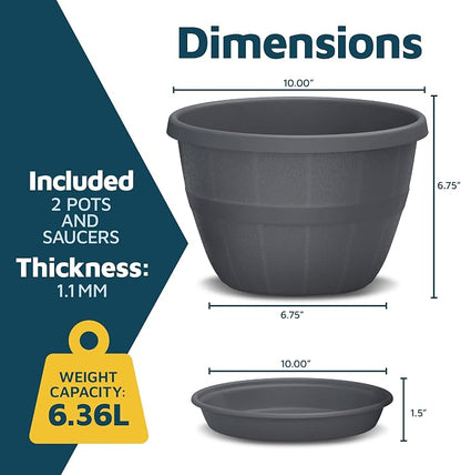 10-Inch Whiskey Barrel Planters Outdoor Pack of 2 - Durable Plastic Plant Pots for Indoor & Outdoor Use with Drainage & Saucer, Lightweight Rustic Barrel Planters for Flowers, Herbs & Small Plants