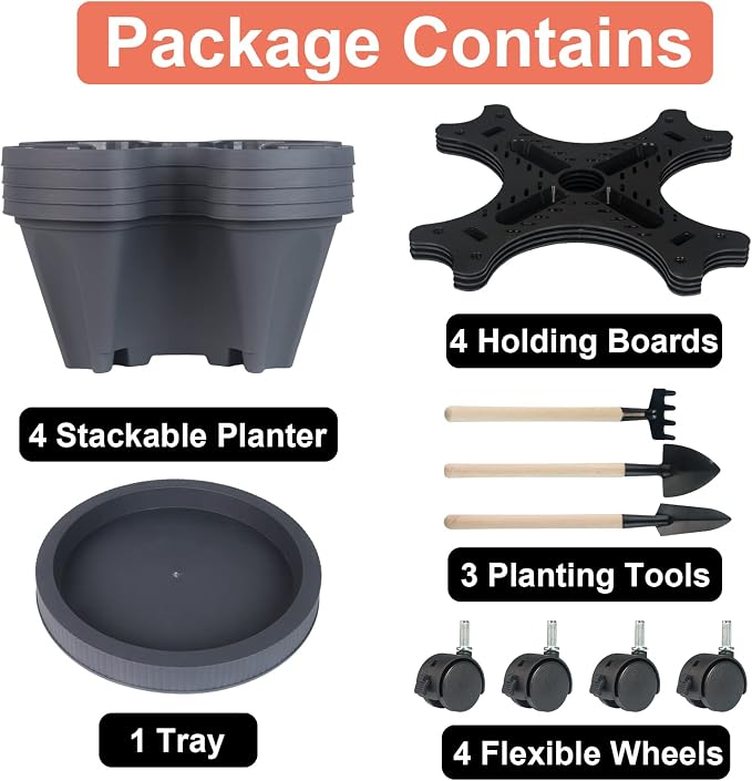 GameXcel Vertical Planter Tower - 4 Tier Stackable Garden Planters with Wheels and Tools Plant Pots for Strawberry Herb Flower and Vegetable Indoor Outdoor Use Dark Gray