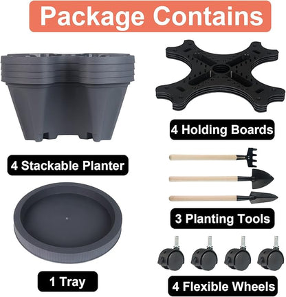 GameXcel Vertical Planter Tower - 4 Tier Stackable Garden Planters with Wheels and Tools Plant Pots for Strawberry Herb Flower and Vegetable Indoor Outdoor Use Dark Gray