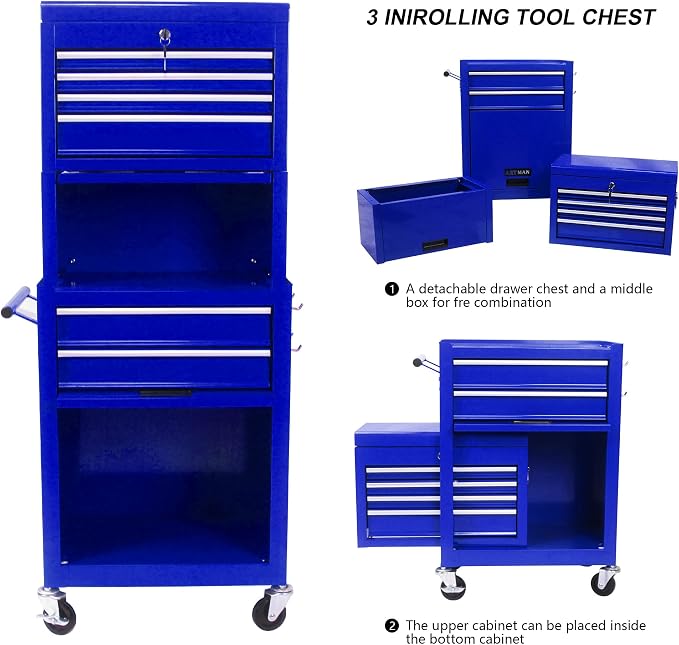 6-Drawer Tool Chest, Detachable Top Box for Garage, Blue | Rolling Mobile Storage Cabinet Organizer with Lockable Wheels for Workshop Utility, Heavy Duty Metal Construction