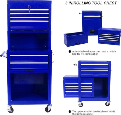 6-Drawer Tool Chest, Detachable Top Box for Garage, Blue | Rolling Mobile Storage Cabinet Organizer with Lockable Wheels for Workshop Utility, Heavy Duty Metal Construction