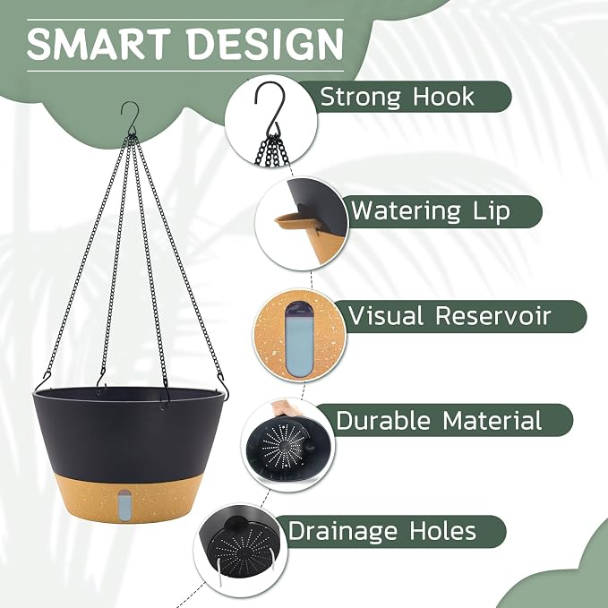 ZMTECH 12 Inch Hanging Planters for Indoor Plants, Large Self Watering Hanging Planter with Visible Water Level Window & Chain, Dark Gray Hanging Baskets for Outdoor Patio