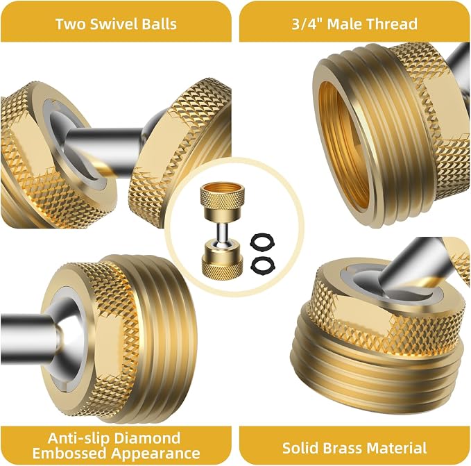 Swivel All-Metal Garden Hose Adapter, 3/4" GHT Hose Protector, Male to Male | Solid Brass Flexible Pipe Kink Protector, Dual 65° Big Rotation at Both Ends, Outdoor Faucet Connector