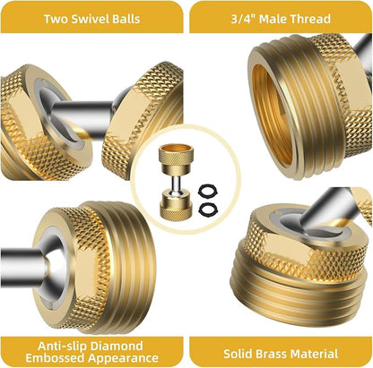 Swivel All-Metal Garden Hose Adapter, 3/4" GHT Hose Protector, Male to Male | Solid Brass Flexible Pipe Kink Protector, Dual 65° Big Rotation at Both Ends, Outdoor Faucet Connector