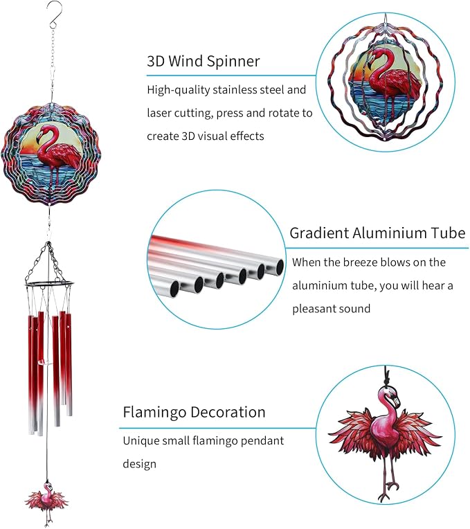 Flamingo Wind Spinner Chimes Outdoor - Hanging Garden Decor with Spinning Flamingo, Metal Wind Chimes for Patio, Yard, Backyard - Birthday Housewarming Gifts for Women/Mom/Grandma