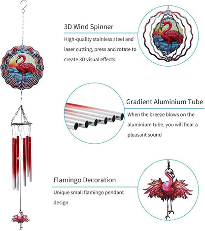 Flamingo Wind Spinner Chimes Outdoor - Hanging Garden Decor with Spinning Flamingo, Metal Wind Chimes for Patio, Yard, Backyard - Birthday Housewarming Gifts for Women/Mom/Grandma