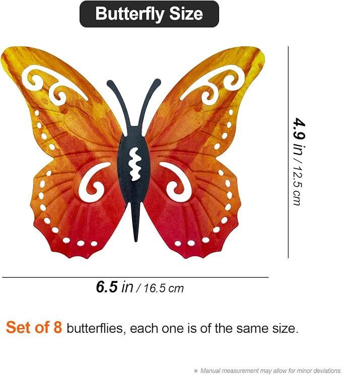 Distella Metal Butterfly Wall Decor, 8 pcs Exquisite Outdoor Wall Art Sculpture Hanging Decoration for Outside Garden Balcony Fence Courtyard Farm Exterior Decorations