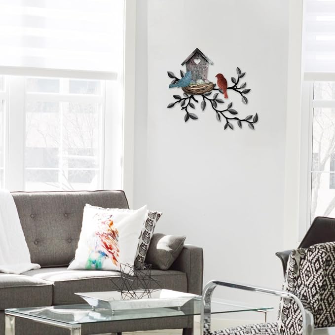 Birds Wall Metal Decor Outdoor Art Hanging Metal Tree with Birdhouse for Living Room Tree Leaf Wall Decor for Indoor Outside Garden, 10.6 x 12 Inches