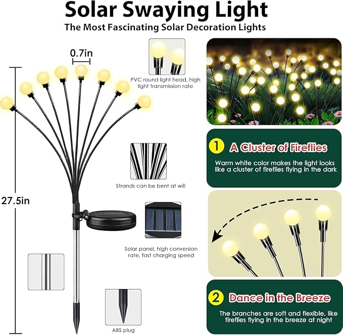 12 Pack Solar Firefly Lights Outdoor Swaying Garden Decor 96 LED Warm White | 2 Lighting Mode, Auto On/Off, Sway with Wind, Waterproof Solar lights Outdoor for Flower Bed Patio Pathway Courtyard Decor