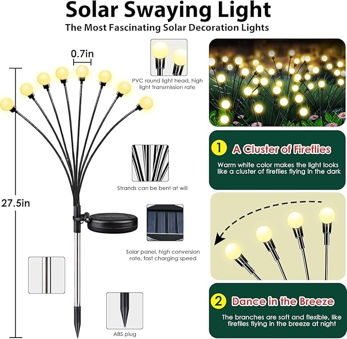 6 Pack Solar Firefly Lights Outdoor Swaying Garden Decor 48 LED Warm White | 2 Lighting Mode, Auto On/Off, Sway with Wind, Waterproof Solar lights Outdoor for Garden Yard Pathway Landscape Decorations