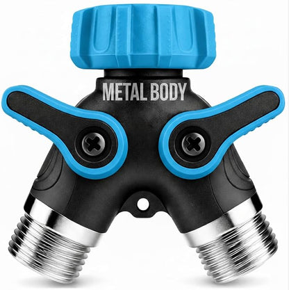 2 Way Hose Splitter Heavy Duty - Metal Y Garden Hose Splitter with Shutoff Valves, Brass Outdoor Faucet Adapter for Spigot, 3/4 Inch GHT Water Hose Connector - Blue