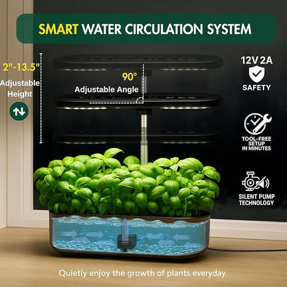 Hydroponics Growing System Kit, Indoor Herb Garden, 14 Pods Upgraded LCD Display, LED Grow Light Quiet Smart Water Pump Automatic Timer, Hydroponic Planter for Home Kitchen Office (Black)